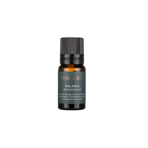 Balance diffuser oil made with lemongrass, geranium, patchouli, eucalyptus and sandalwood essential oils. Packaged in a 10ml amber glass dropper bottle and sea green label with metallic copper logo.