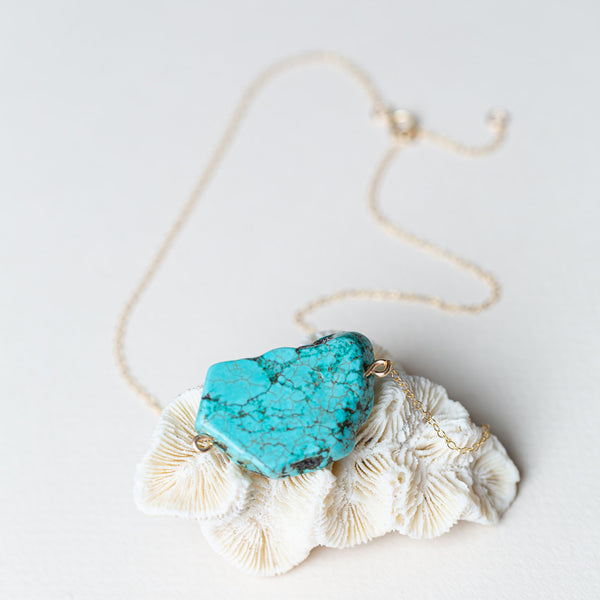 Tango Nugget turquoise-colored howlite pendant on a 14k gold filled chain. Made by Desert Moon.