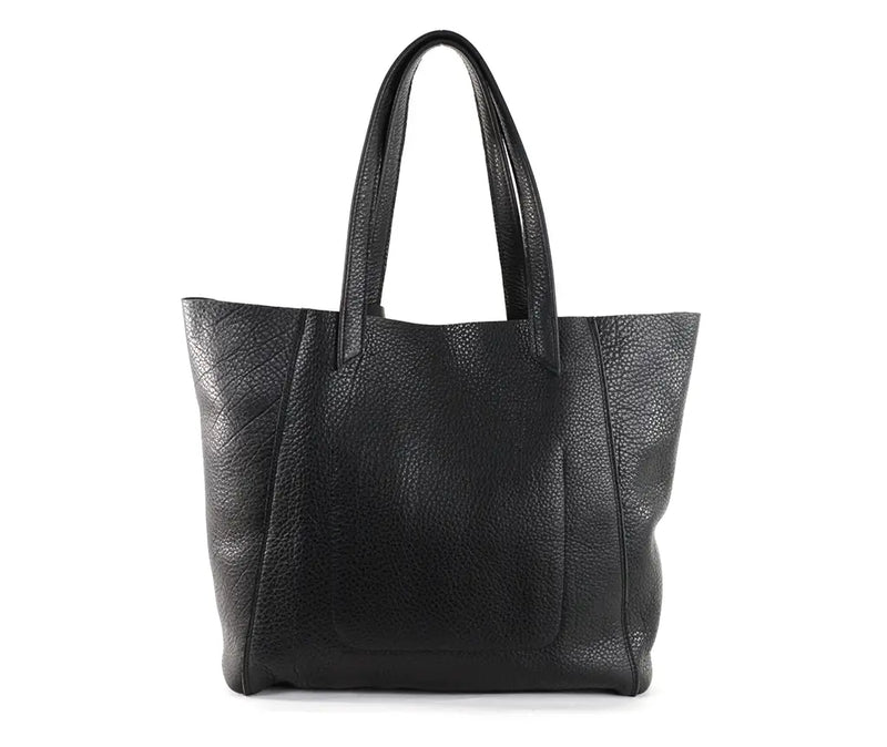 The buttery-soft black pebble leather June tote by Shana Luther. This is the back view, showing the seems of the inner pocket.