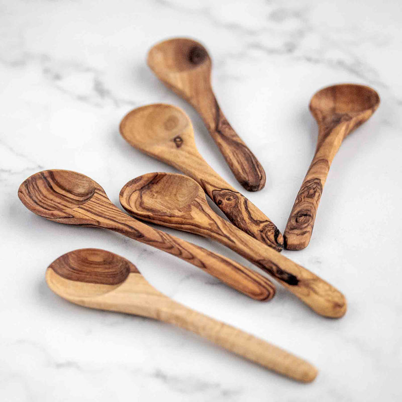 Olive wood mini spoons with beautiful coloring and striations.