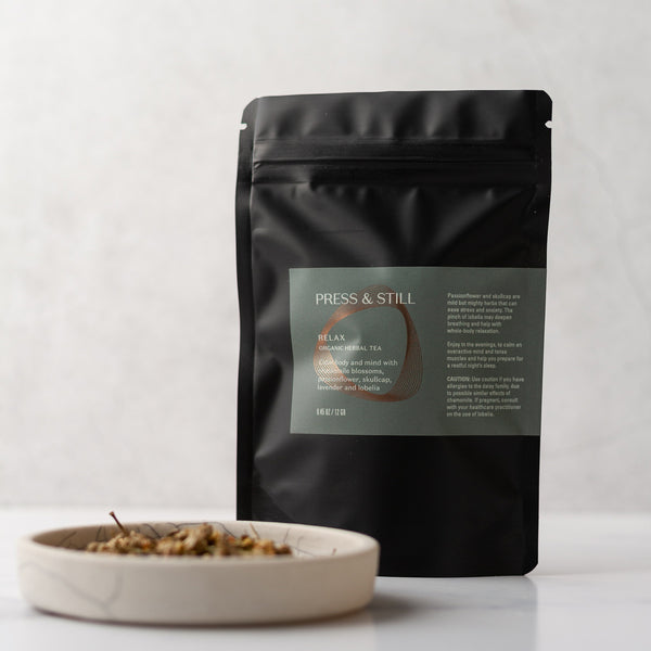 Relax organic herbal tea made with chamomile and lavender blossoms, skullcap and lobelia.